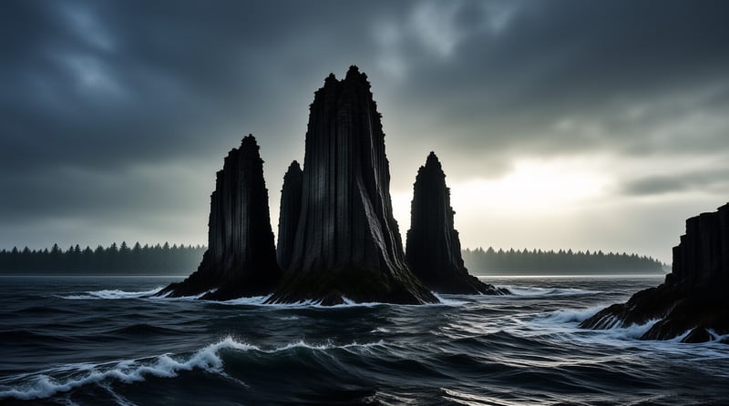 Dark rocky pillars emerge from rough ocean waves beneath a cloudy sky with a bright break on the right horizon.