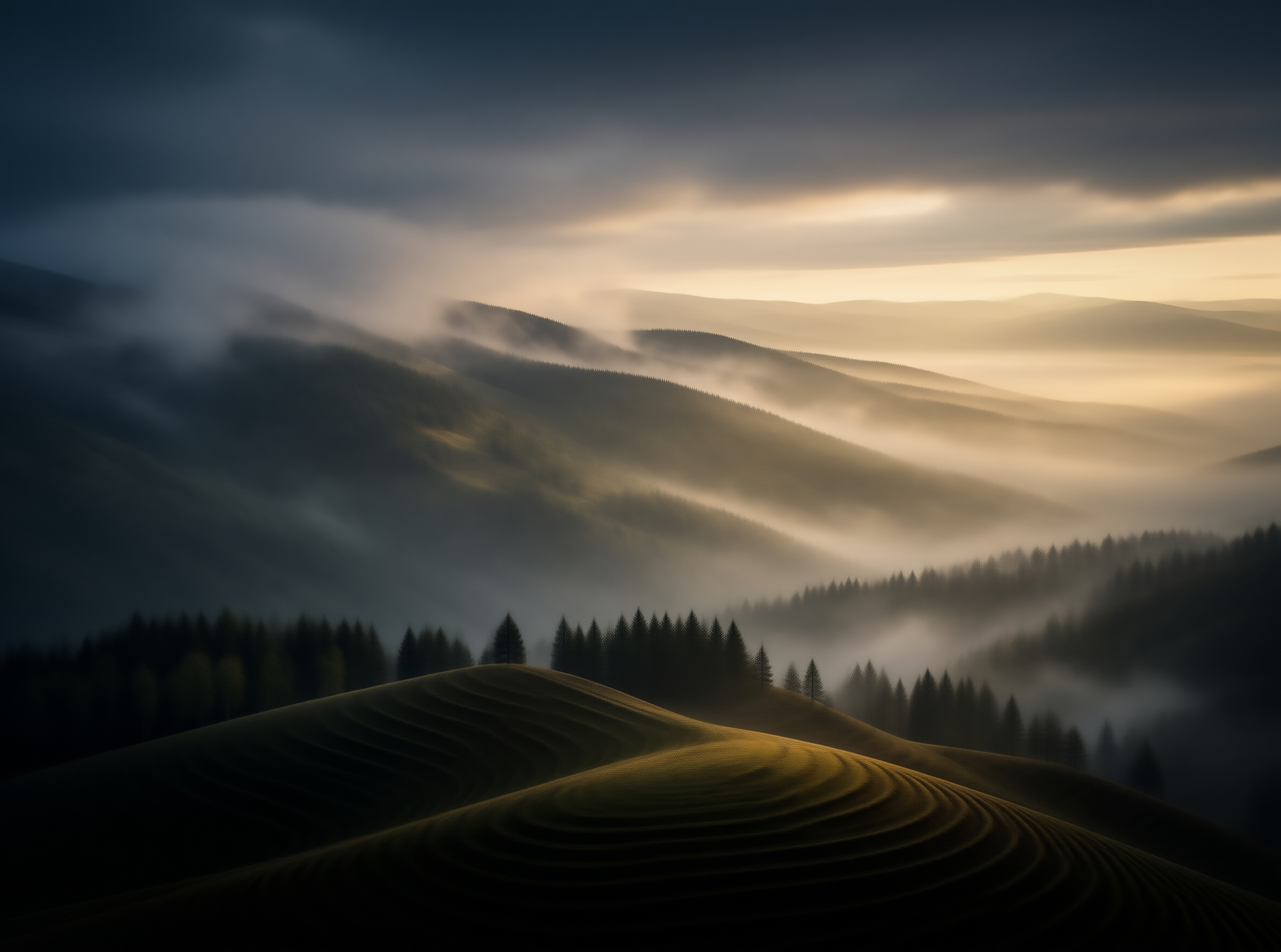 Misty Hilly Dawn Landscape
