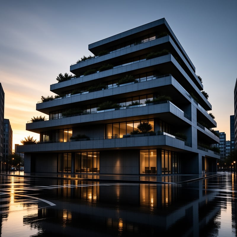 A modern building with green balconies stands above a wet street reflecting warm interior lights during twilight.