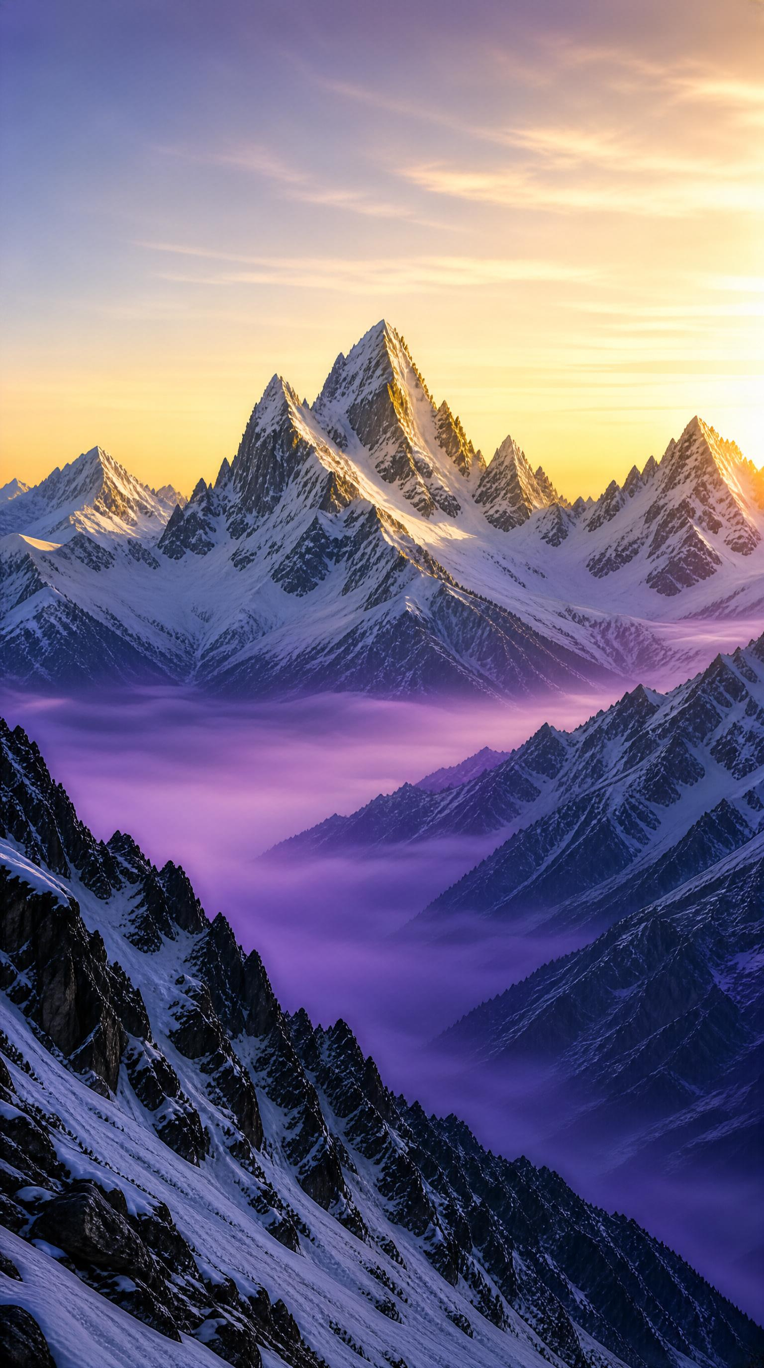 Snowy Mountain Peaks with Purple Mist