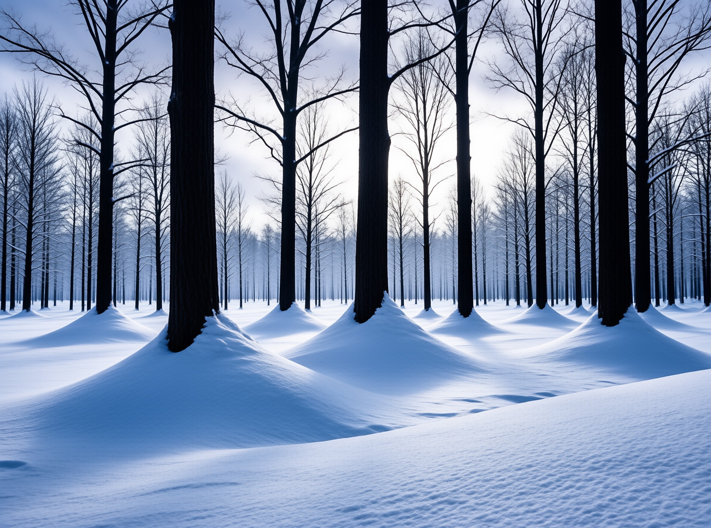 Rows of dark bare trees rise from snowy mounds in a forest illuminated by cool blue twilight light.