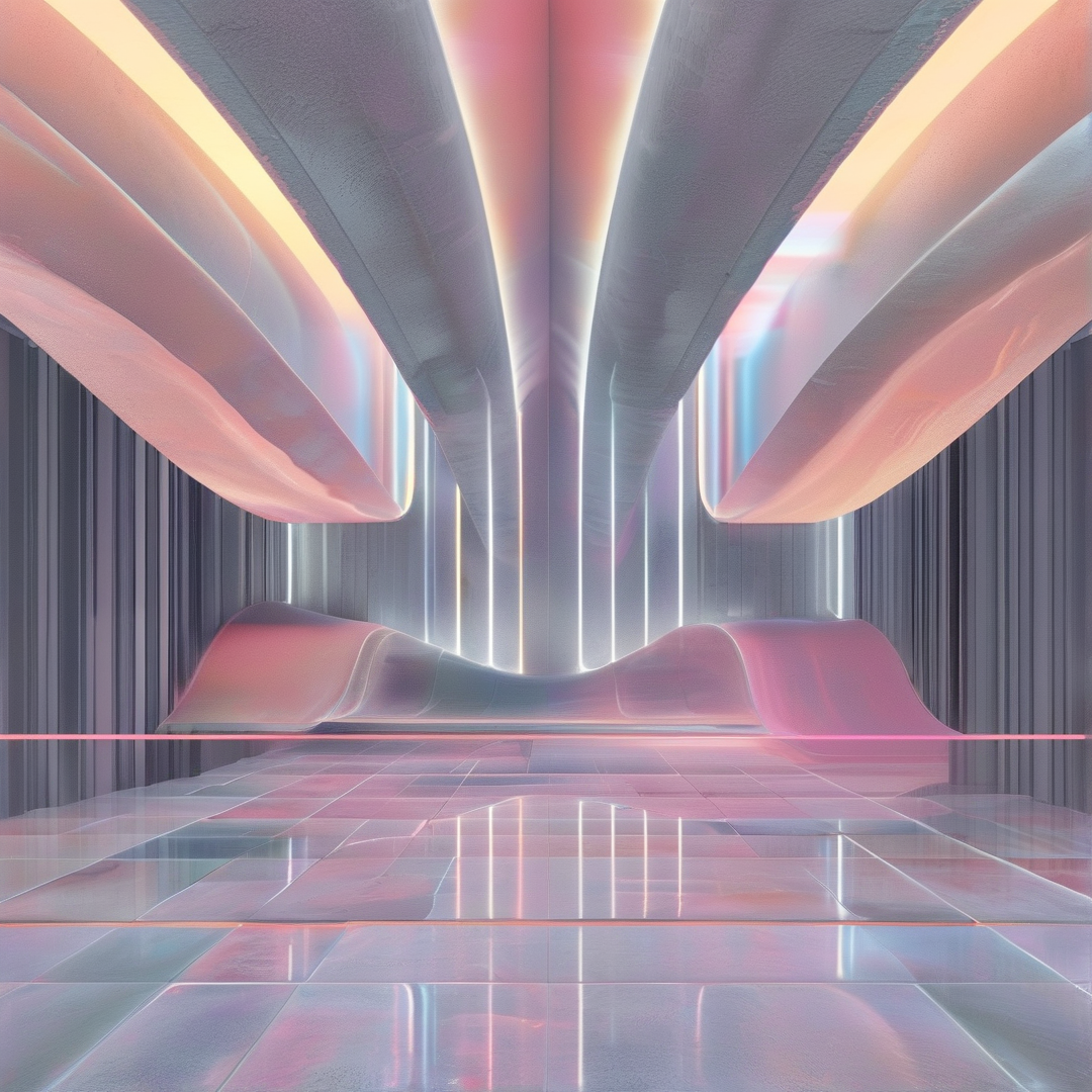 A futuristic space features curved ceiling structures and a glossy floor reflecting pink and purple neon lights.