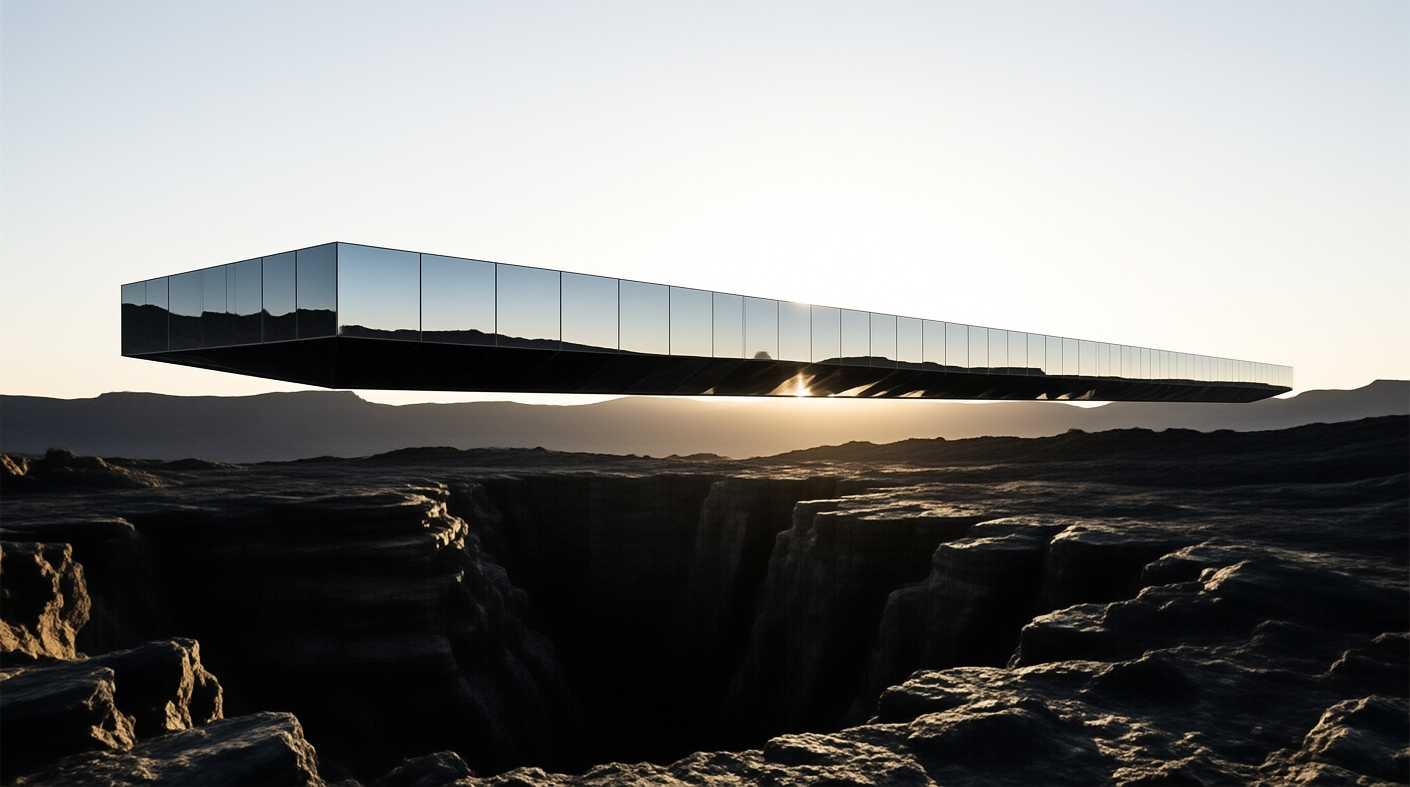 A long mirrored glass structure hovers above a rugged desert chasm, with warm dawn light glowing at the horizon behind it.