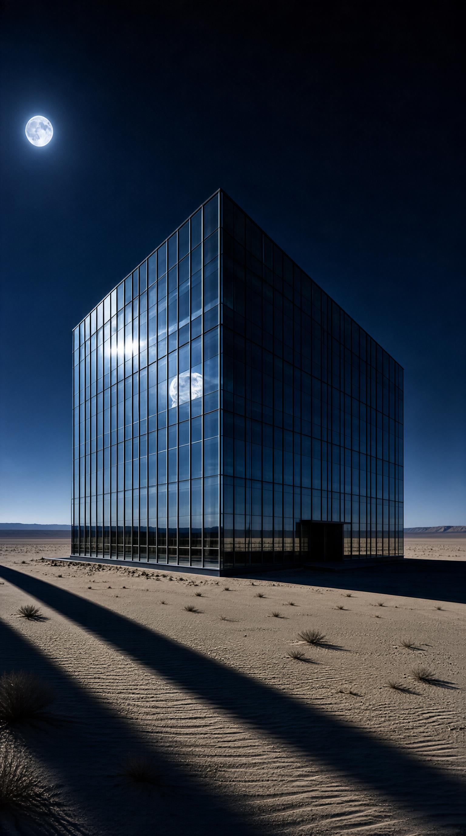 Glass Cube in Desert at Night