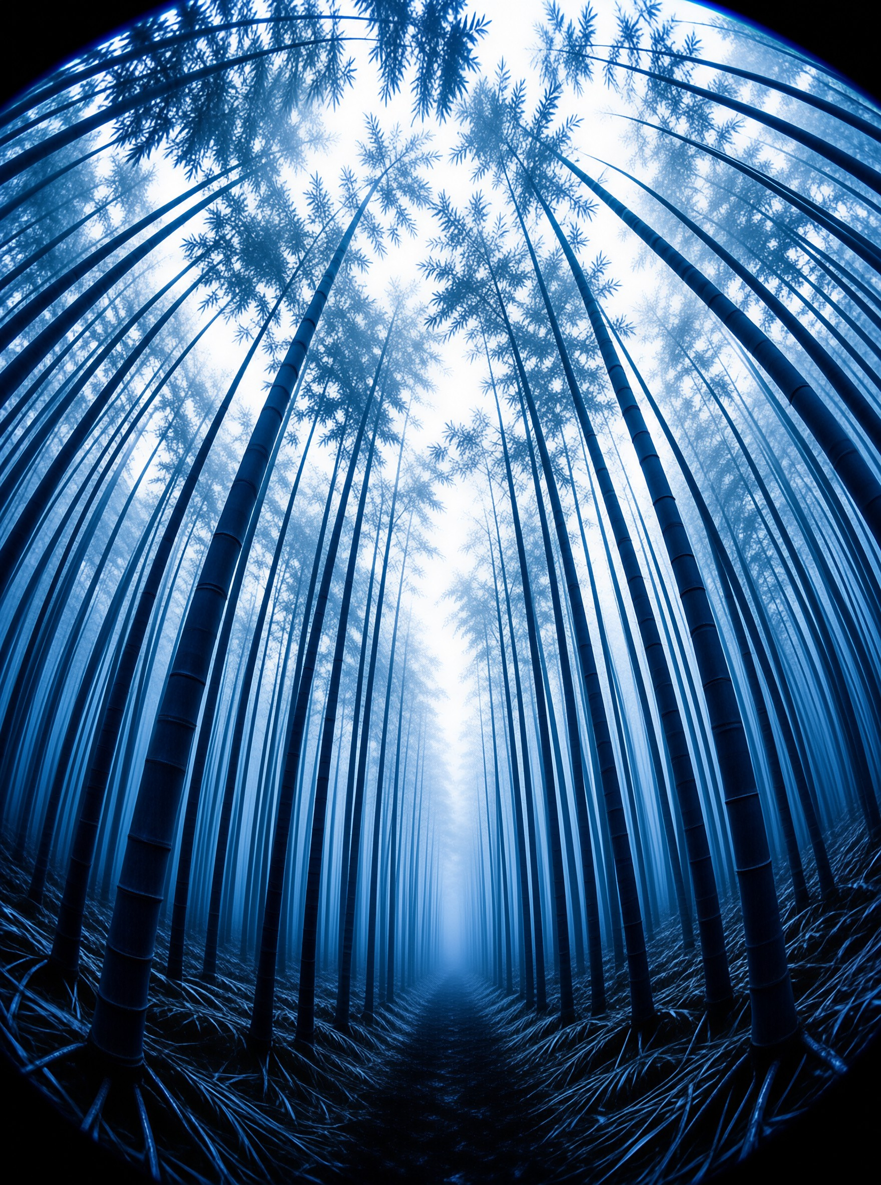 Towering bamboo stalks radiate from the center under a pale sky while dark blue mist covers the ground.