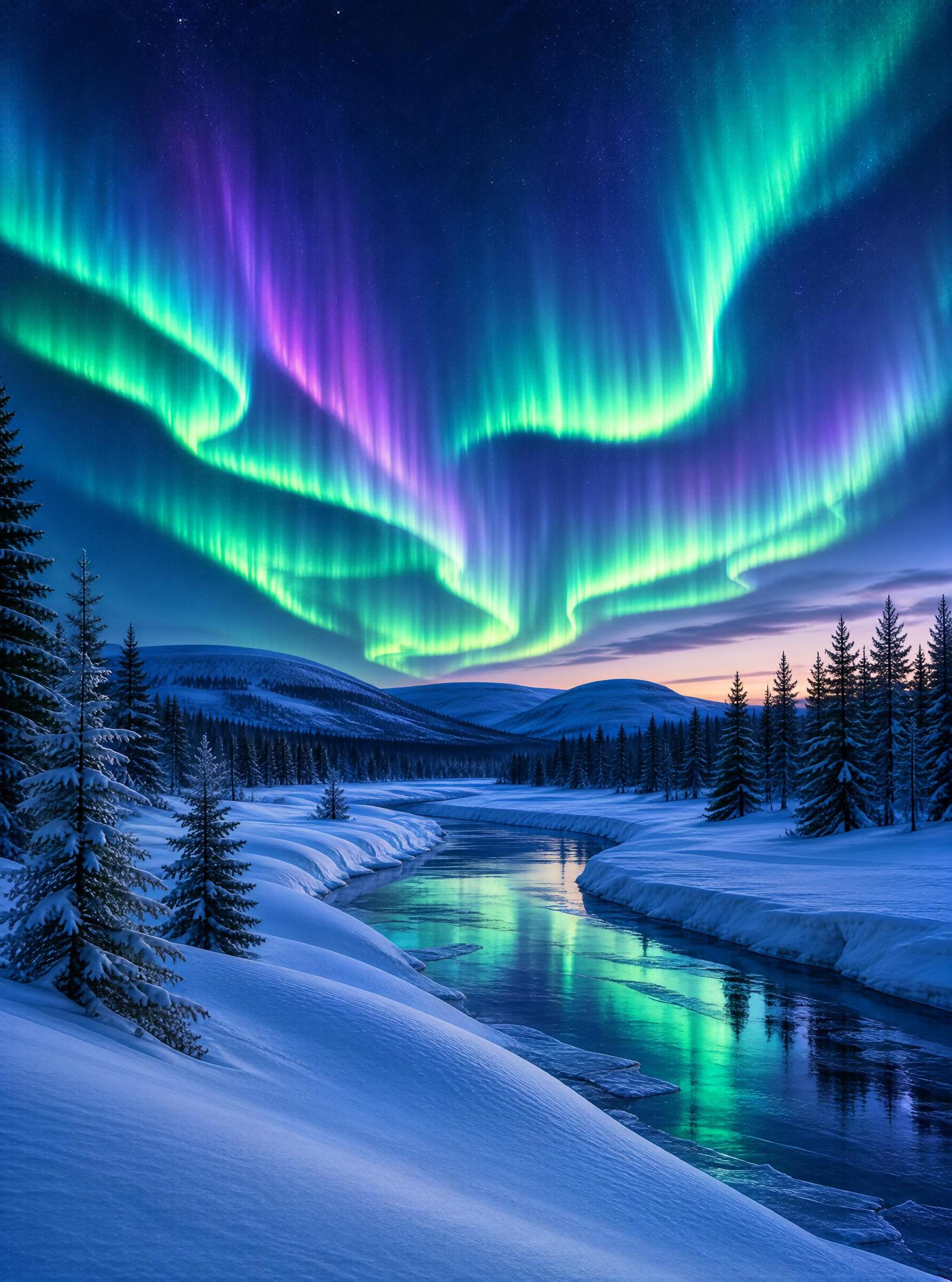 Aurora Over Winter River