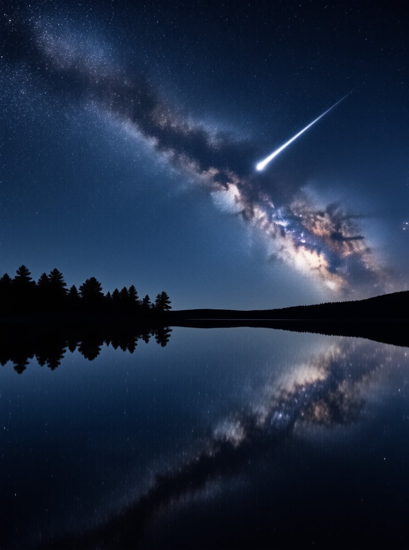A bright shooting star cuts through the deep blue night sky while a dense tree line reflects perfectly in the calm water below the galaxy.