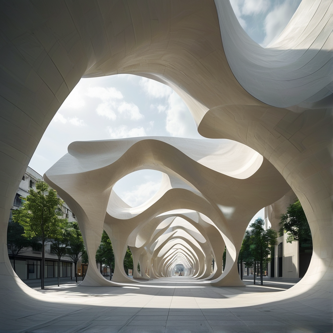 A flowing white arch corridor bathed in sunlight with trees and buildings in the background.