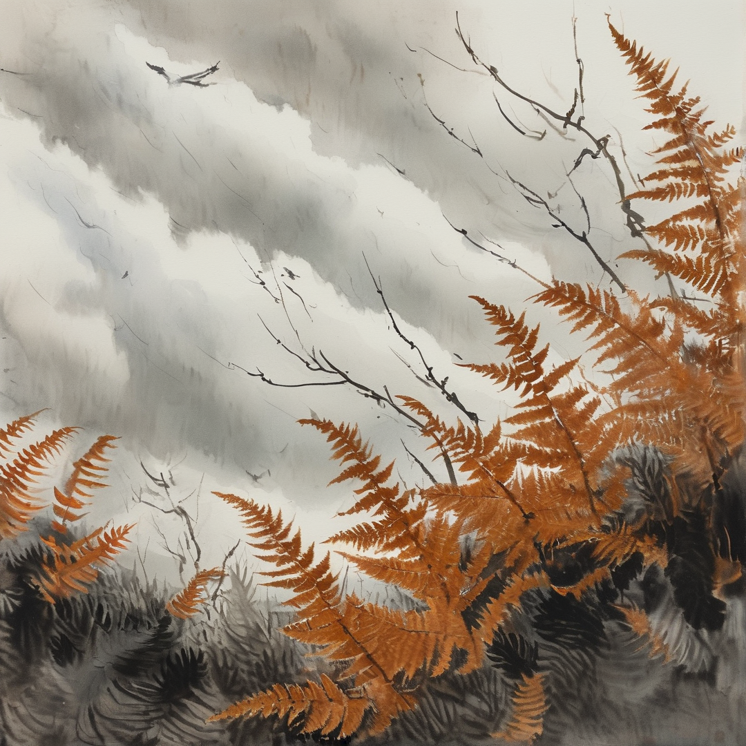 Vibrant brown ferns extend against swirling grey mist with bare black branches and dark undergrowth.