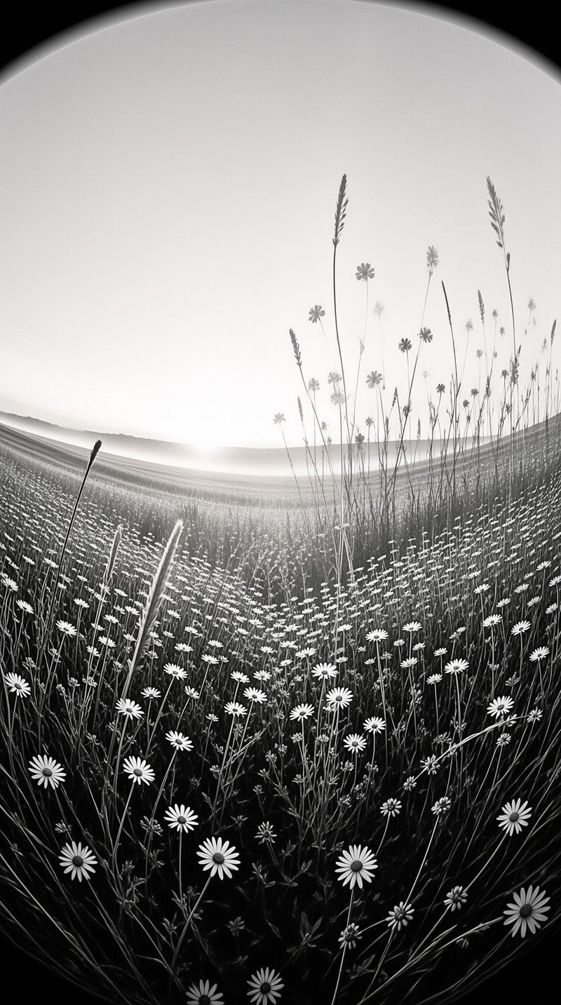 White daisies and tall grass fill a field stretching toward misty hills under a bright sky in black and white.