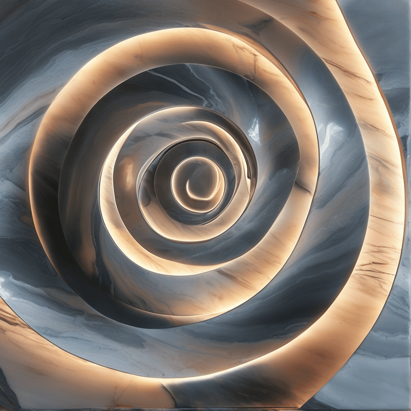 Concentric rings of polished grey marble spiral inward, their curved edges catching a soft warm golden glow.
