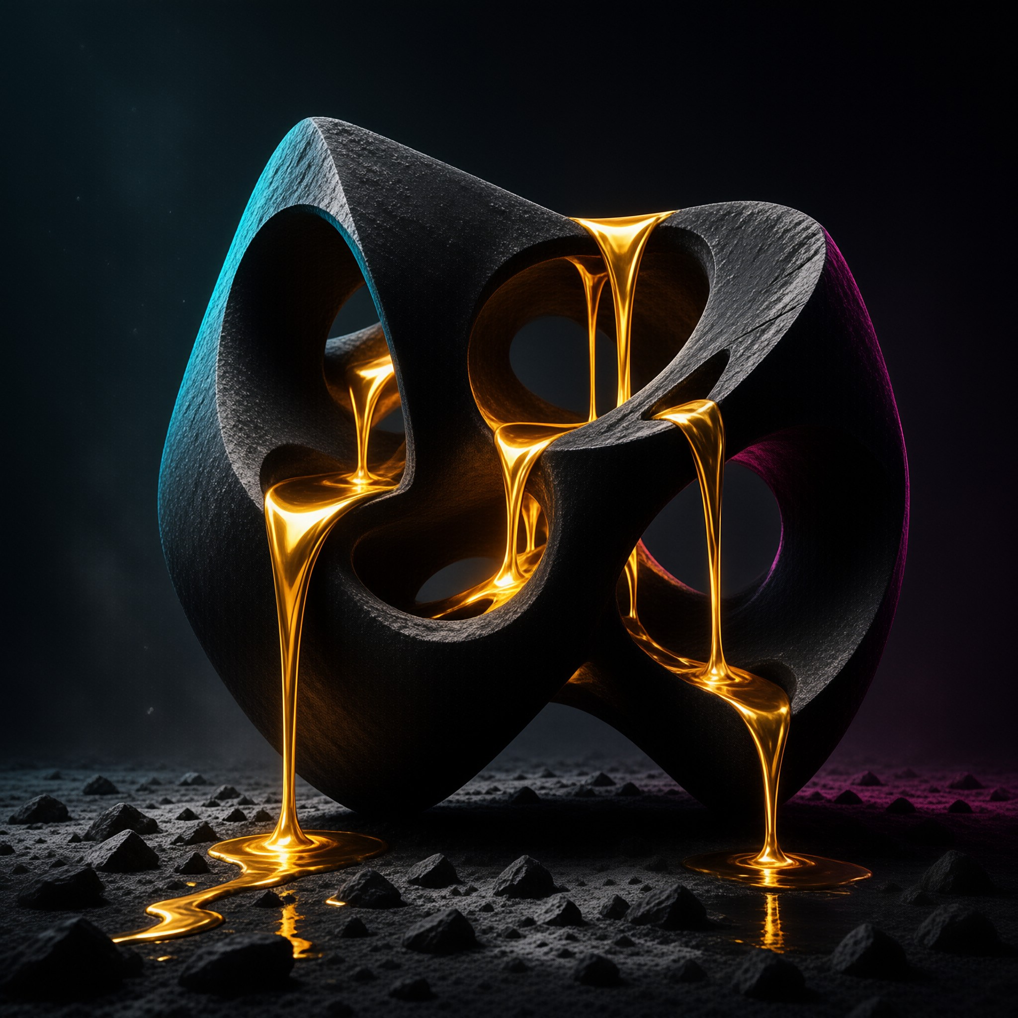 Glowing golden liquid flows through the holes of a dark textured sculpture resting on a rocky surface.