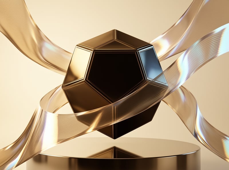 A dark faceted hexagonal prism floats amidst swirling metallic gold ribbons above a reflective cylindrical base.