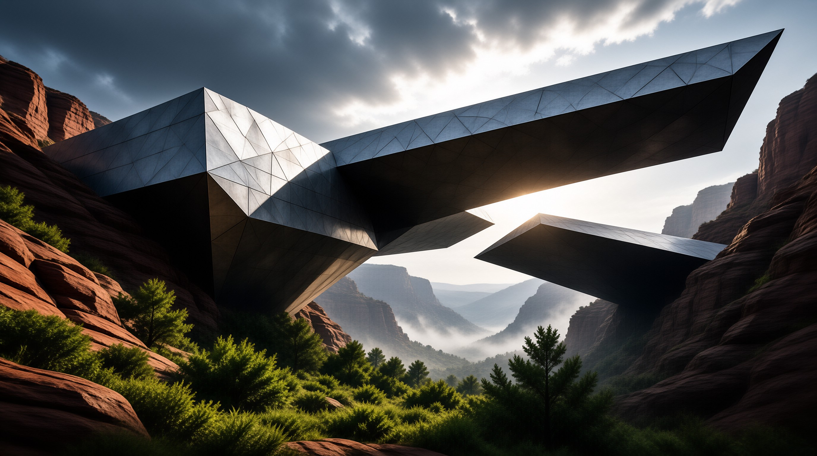 Faceted steel geometric bridge links red canyon cliffs as dawn sunlight shines through its spans over misty valley below.