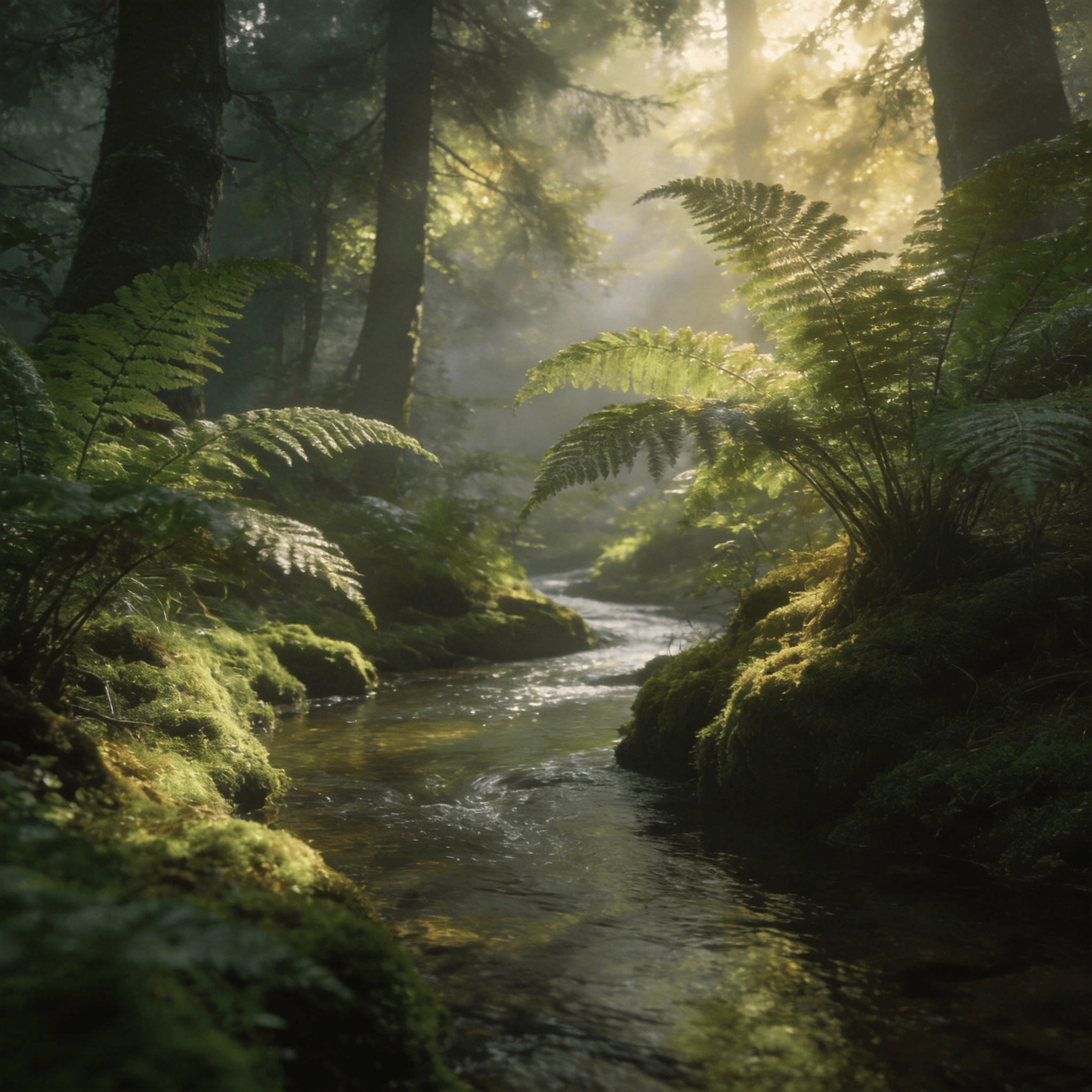 Tranquil Green Forest and Calm Stream