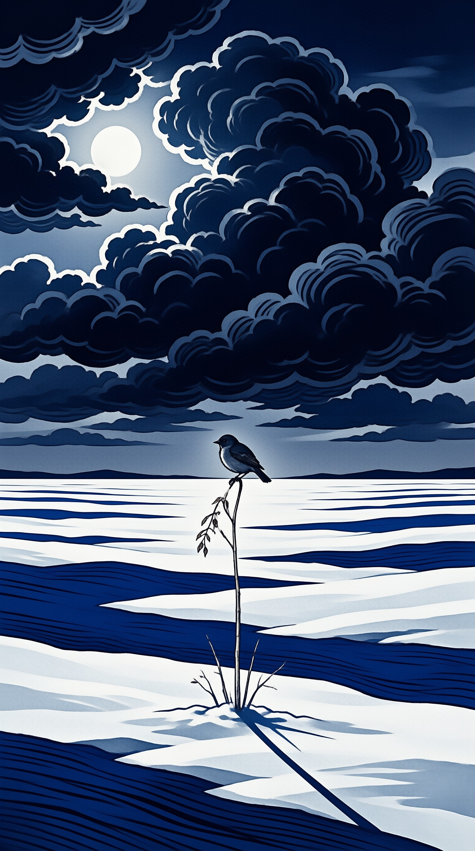 A small bird rests on a slender reed emerging from blue water beneath a night sky filled with heavy clouds.