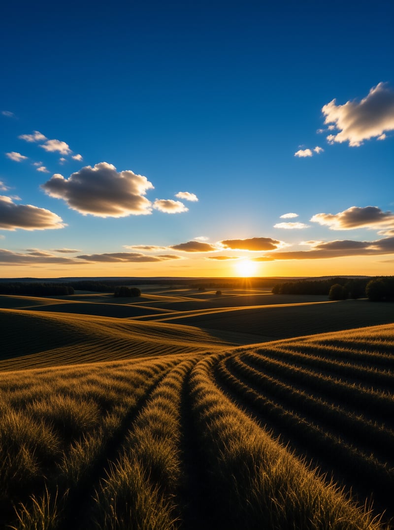 Neat rows of ripe grain curve over undulating hills beneath a low sun and a bright blue sky dotted with clouds.
