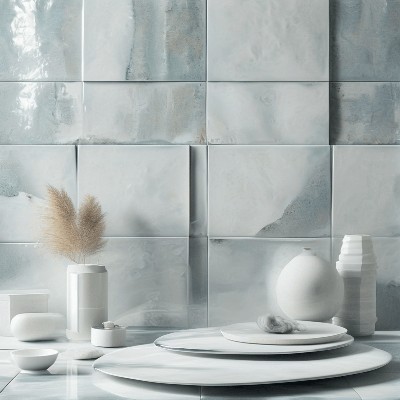Minimalist arrangement of white pottery and dried grass set against a wall of glossy blue marble tiles.