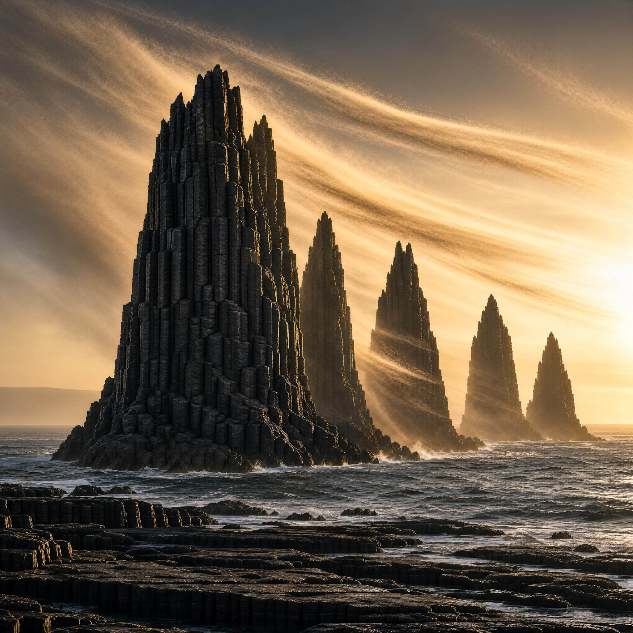 Towering Basalt Columns by the Sea