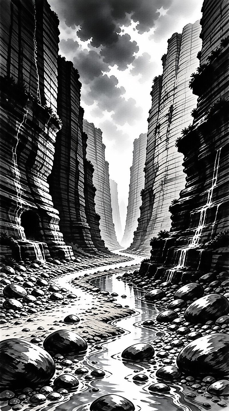 Black and white art showing tall layered cliffs rising above a rocky stream bed with cascading water.