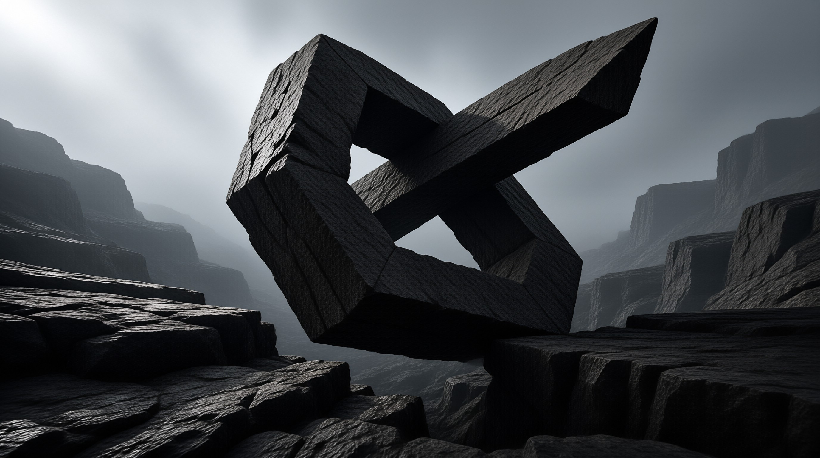 A massive dark angular sculpture defies gravity above a rugged foggy landscape illuminated by soft sunlight.