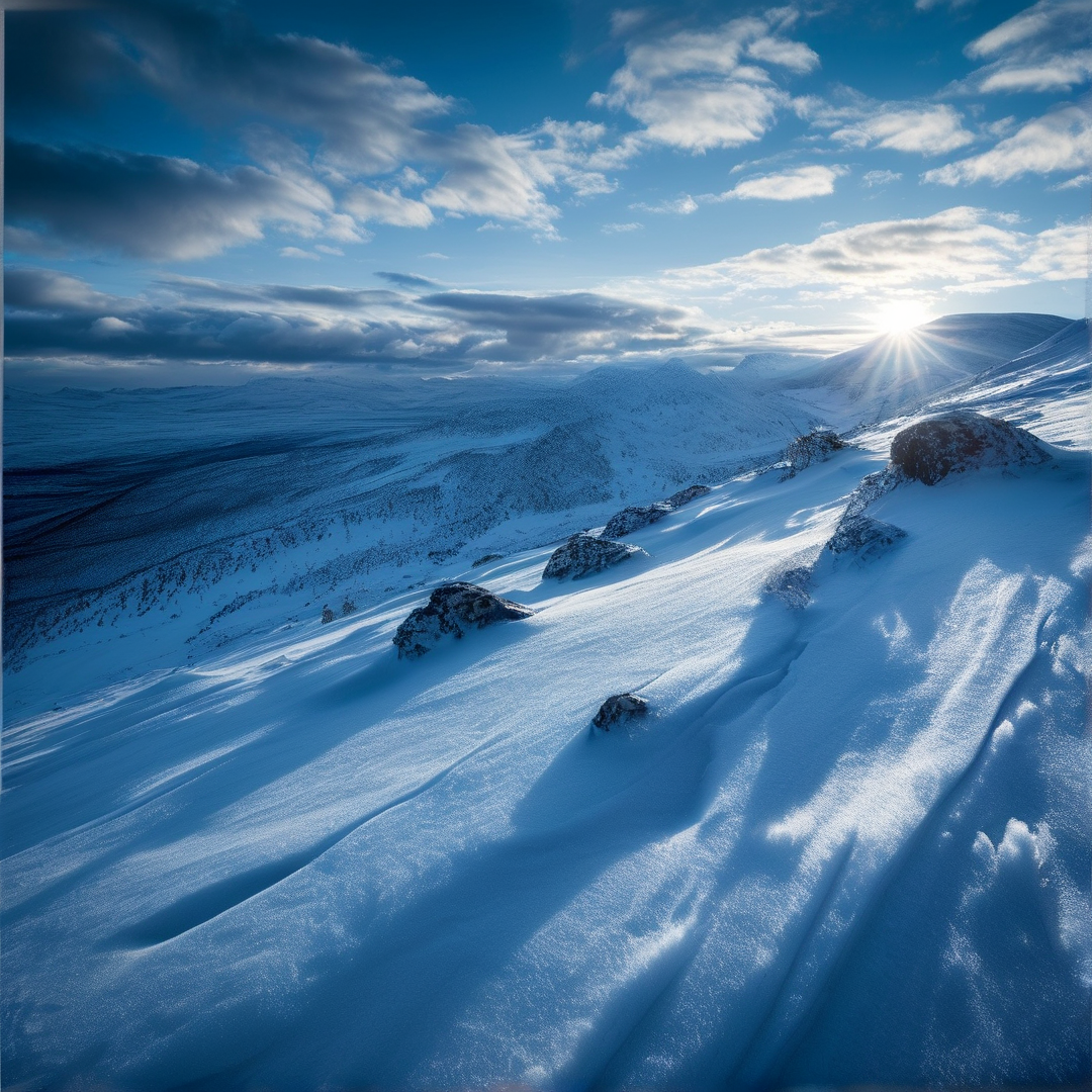 White snow covers rolling hills while the sun casts long shadows across rocky outcrops under a blue sky.