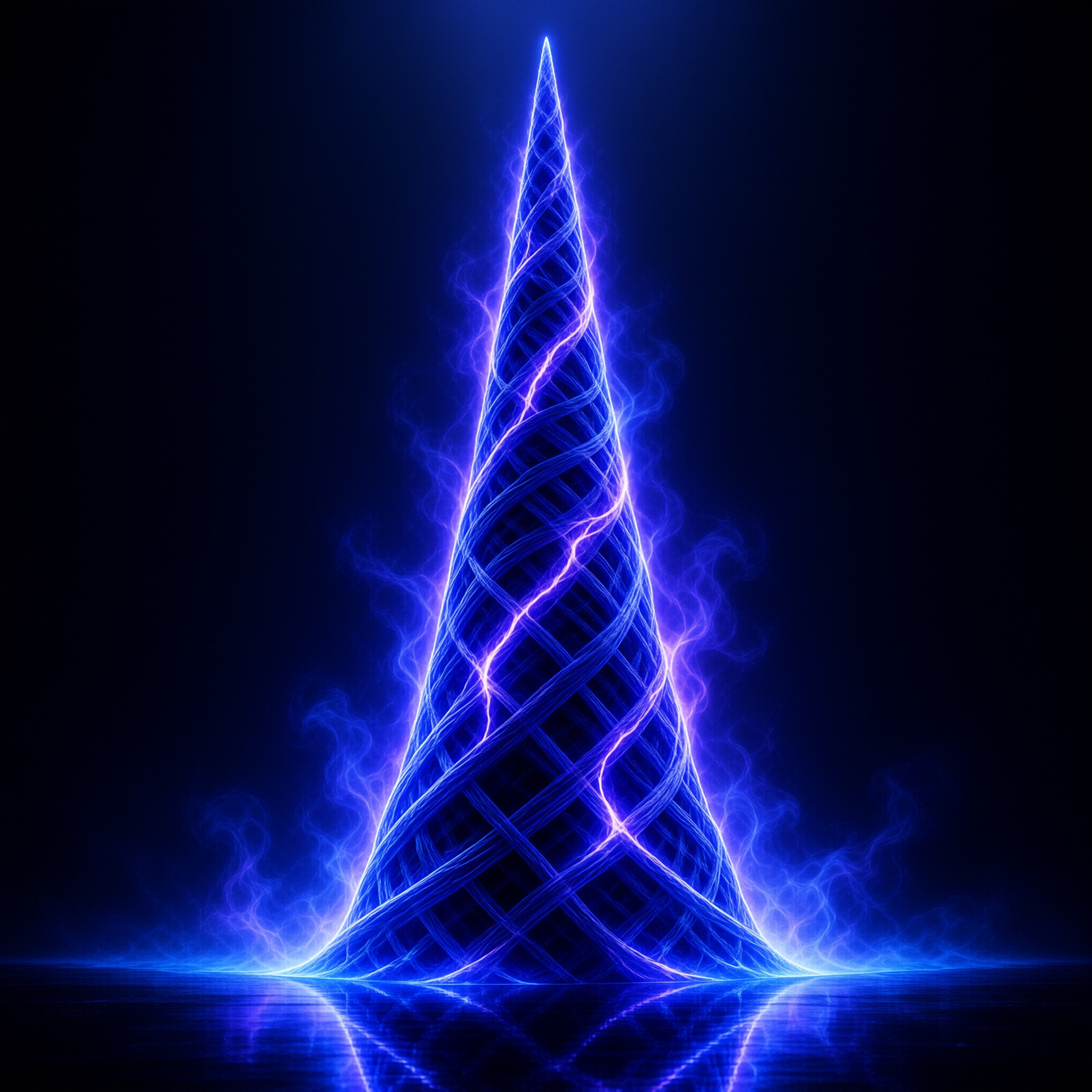A glowing blue twisted structure resembling a cone rises above a dark reflective plane with misty smoke at its base.