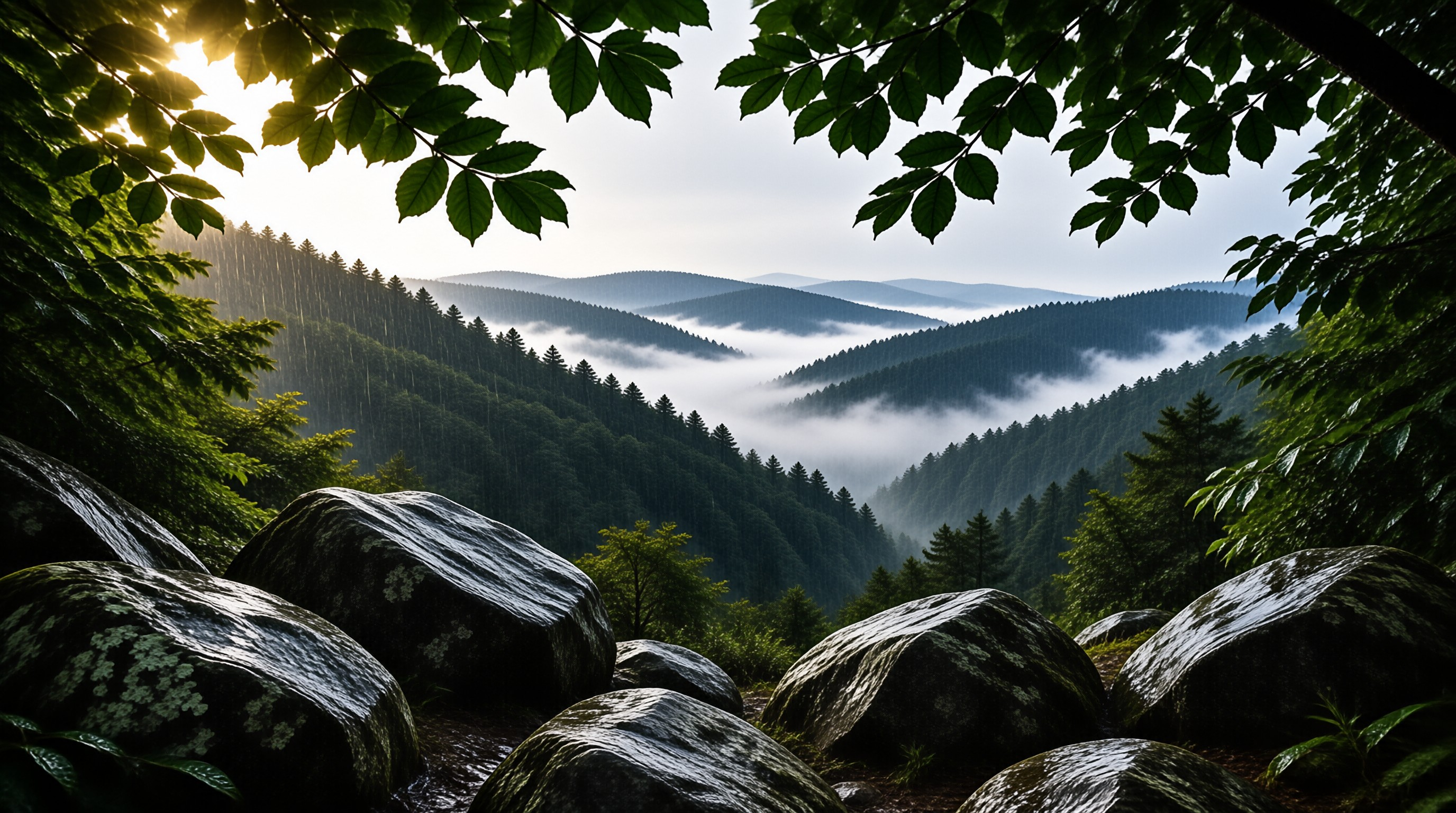 Rain veiled evergreen mountains fade into soft fog, framed by glossy wet boulders and hanging green leaves.