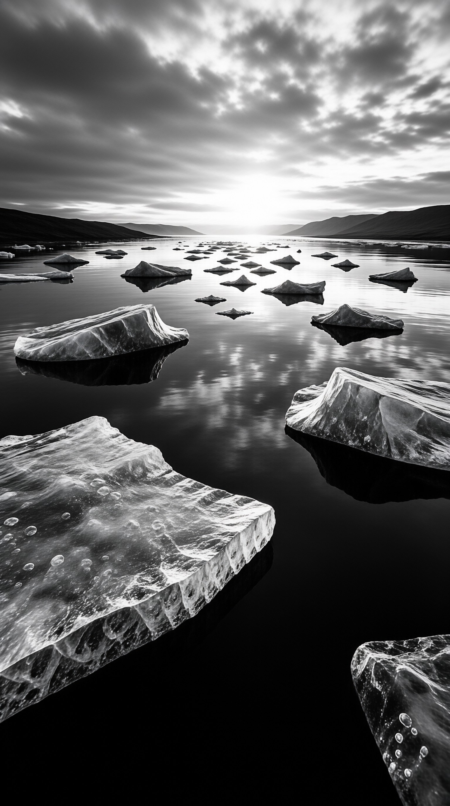 Scattered ice formations float on a mirror-like lake surface reflecting a bright horizon under clouds.