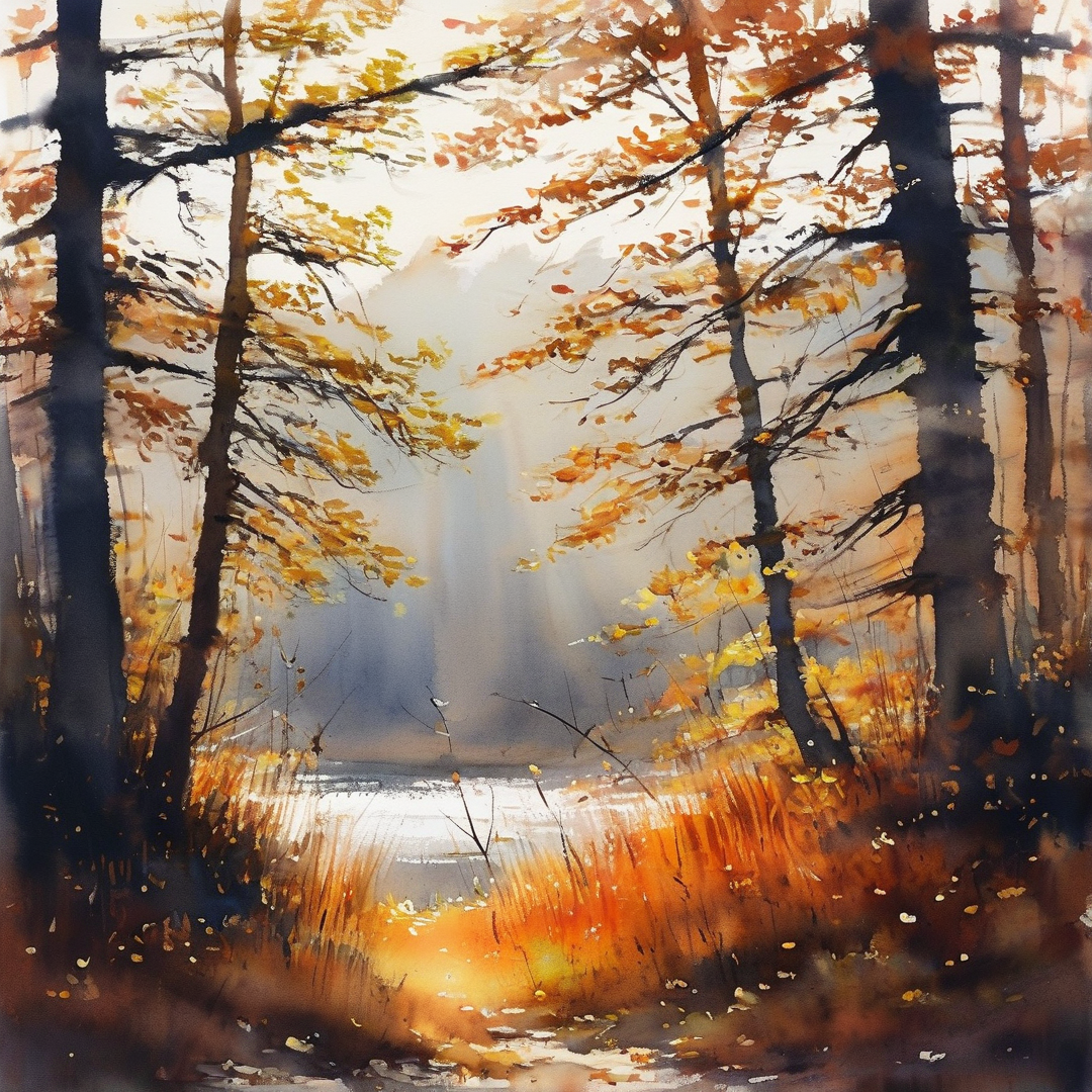 A watercolor painting showing dark tree trunks and orange foliage surrounding a calm body of water in soft light.