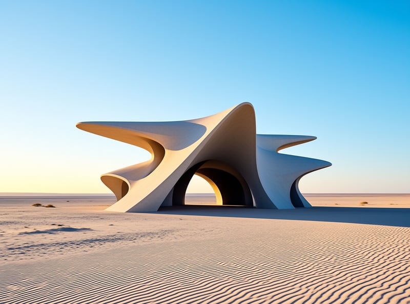 A sculptural concrete shelter with sweeping winged curves casts deep shade over wind lined dunes at clear dawn