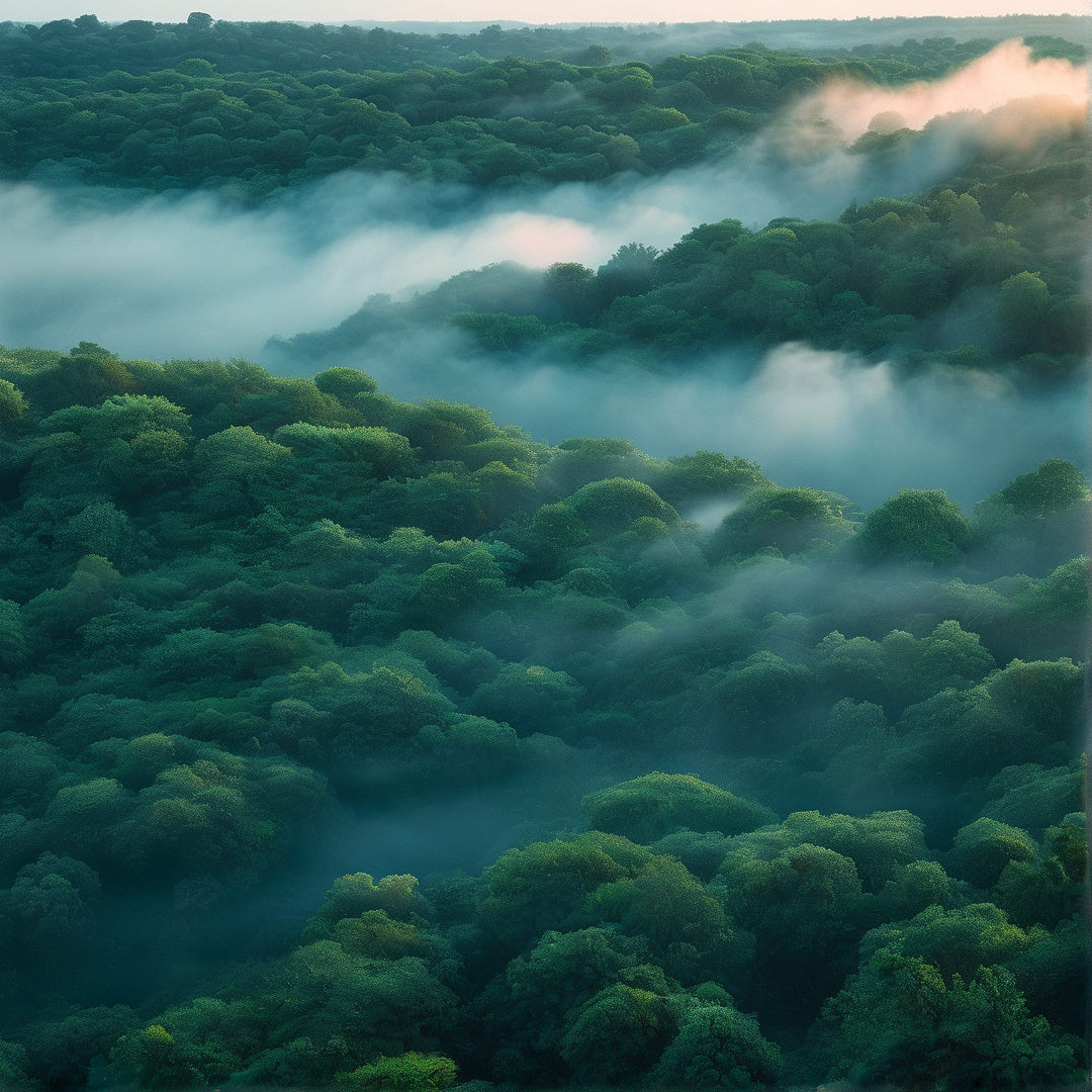Aerial view shows lush green trees covering rolling hills with fog drifting through the valleys in soft light.