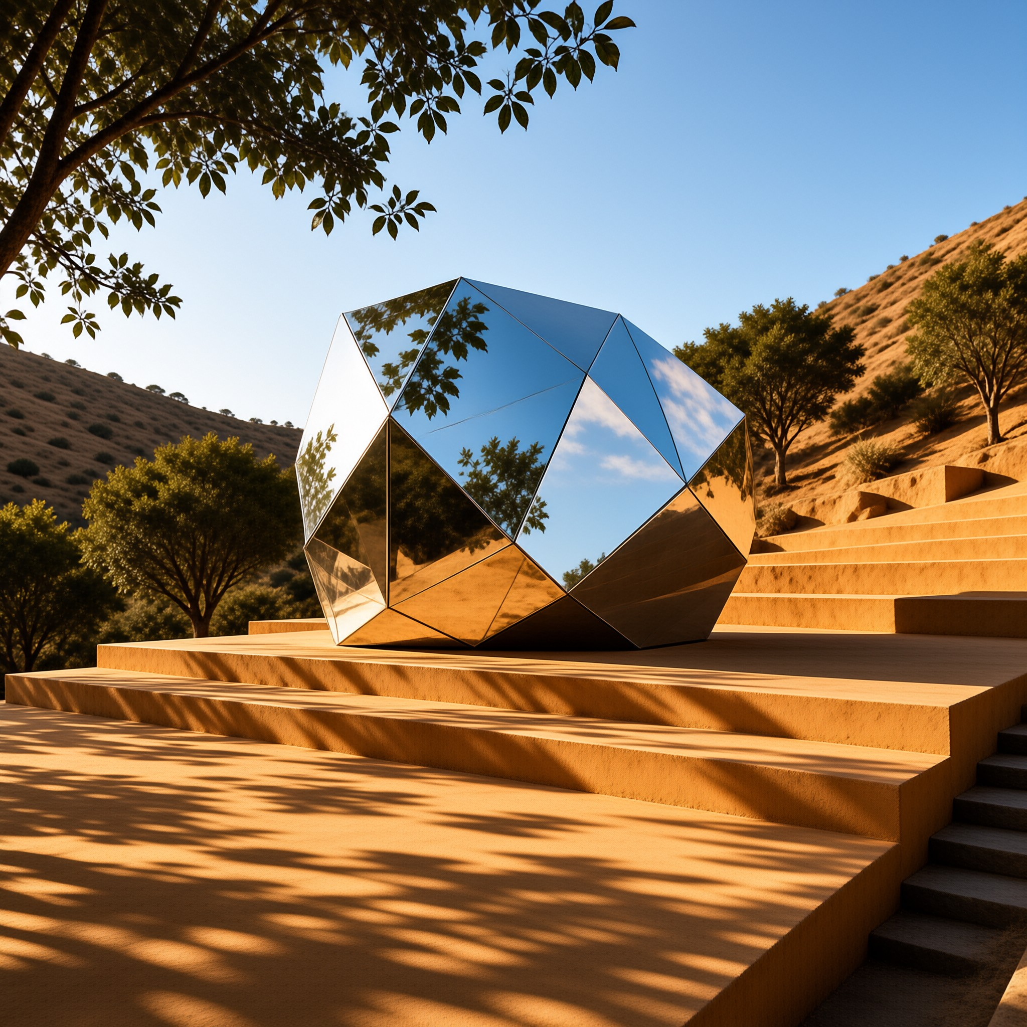 A reflective faceted sculpture perched on sandy steps, mirroring the blue sky and surrounding green trees.