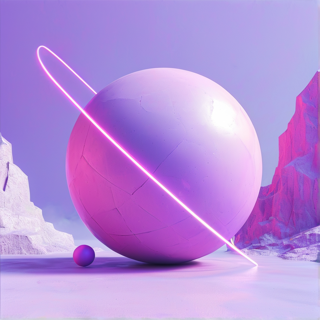 A large cracked purple sphere sits on the ground with a bright neon ring circling it between rocky formations.