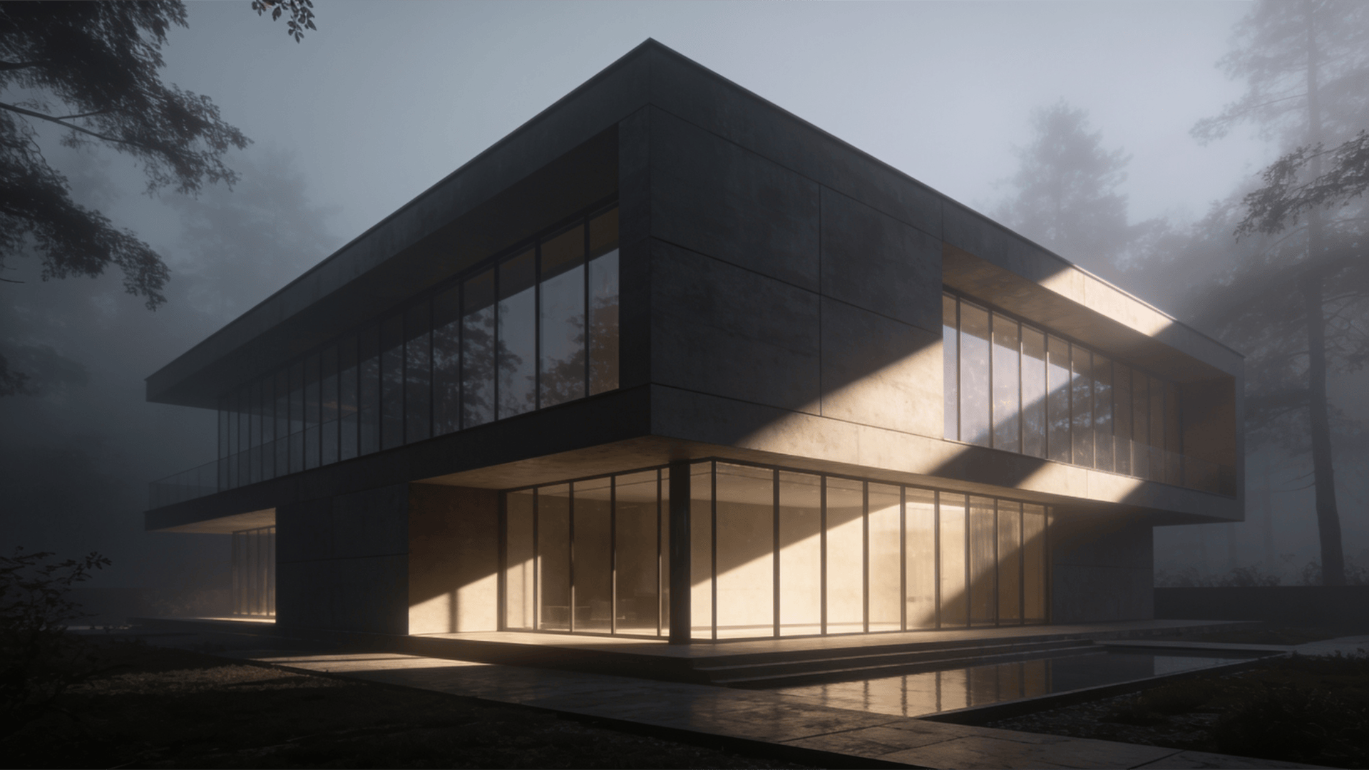 Villa with Glass Curtain Wall — Foggy Morning