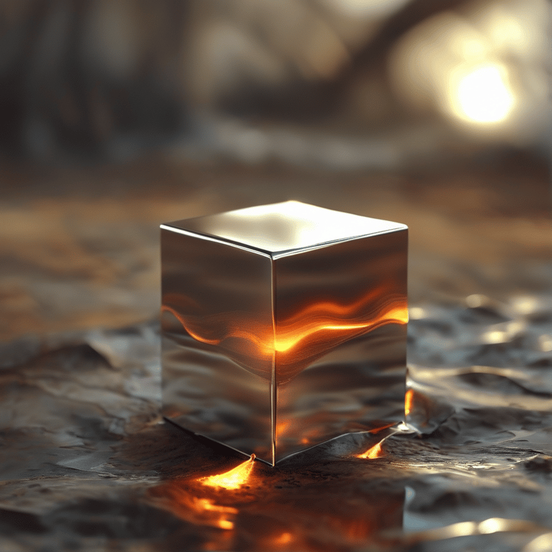 A reflective metal cube sits on a dark rippled surface with orange light glowing inside and reflecting on the wet ground.