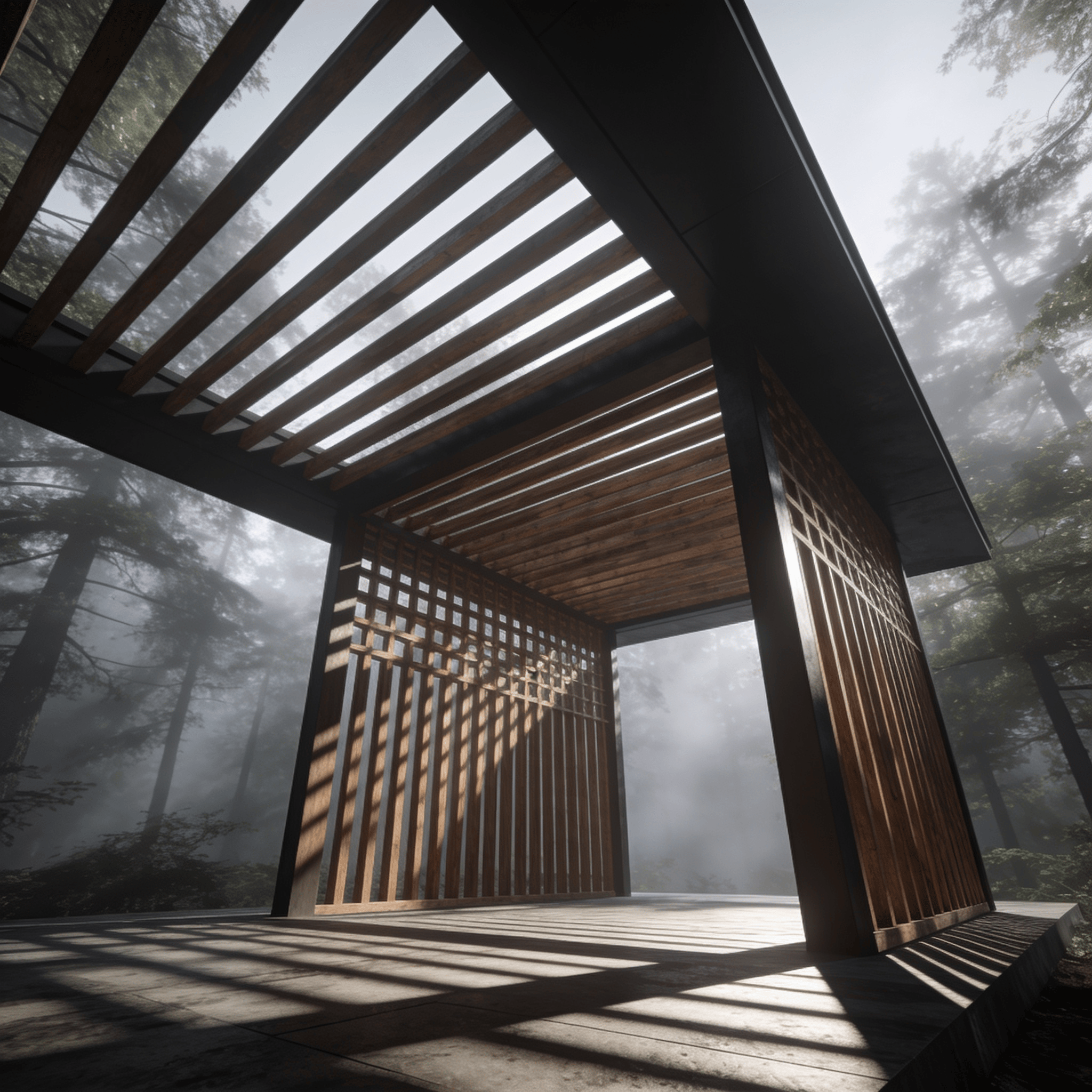 Pavilion with Wooden Lattice — Misty Forest