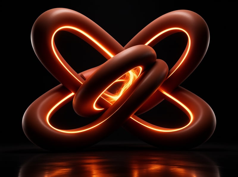 A twisted copper-colored structure emits bright orange neon light against a dark void.