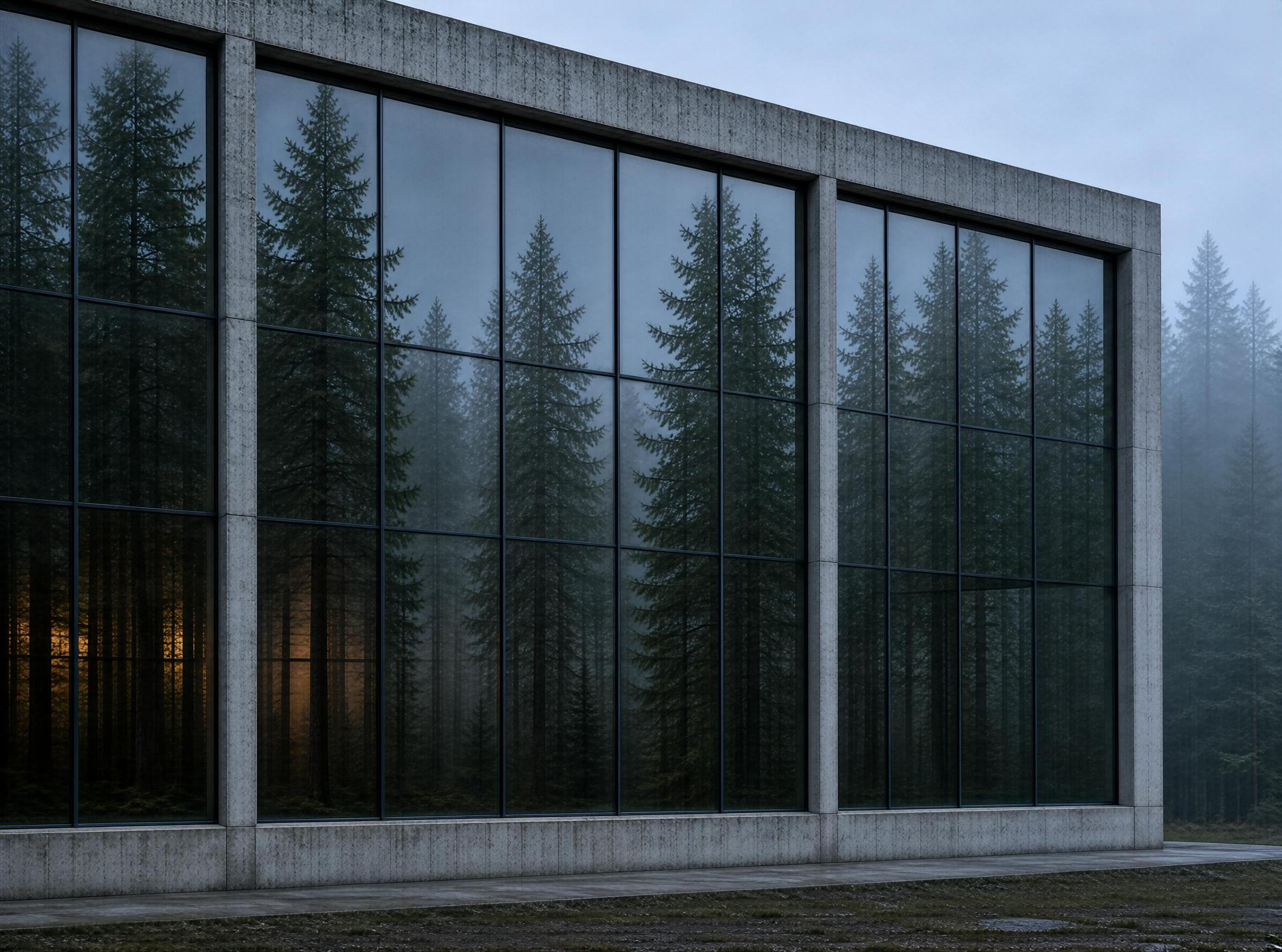 Modern Concrete Building with Forest Reflections