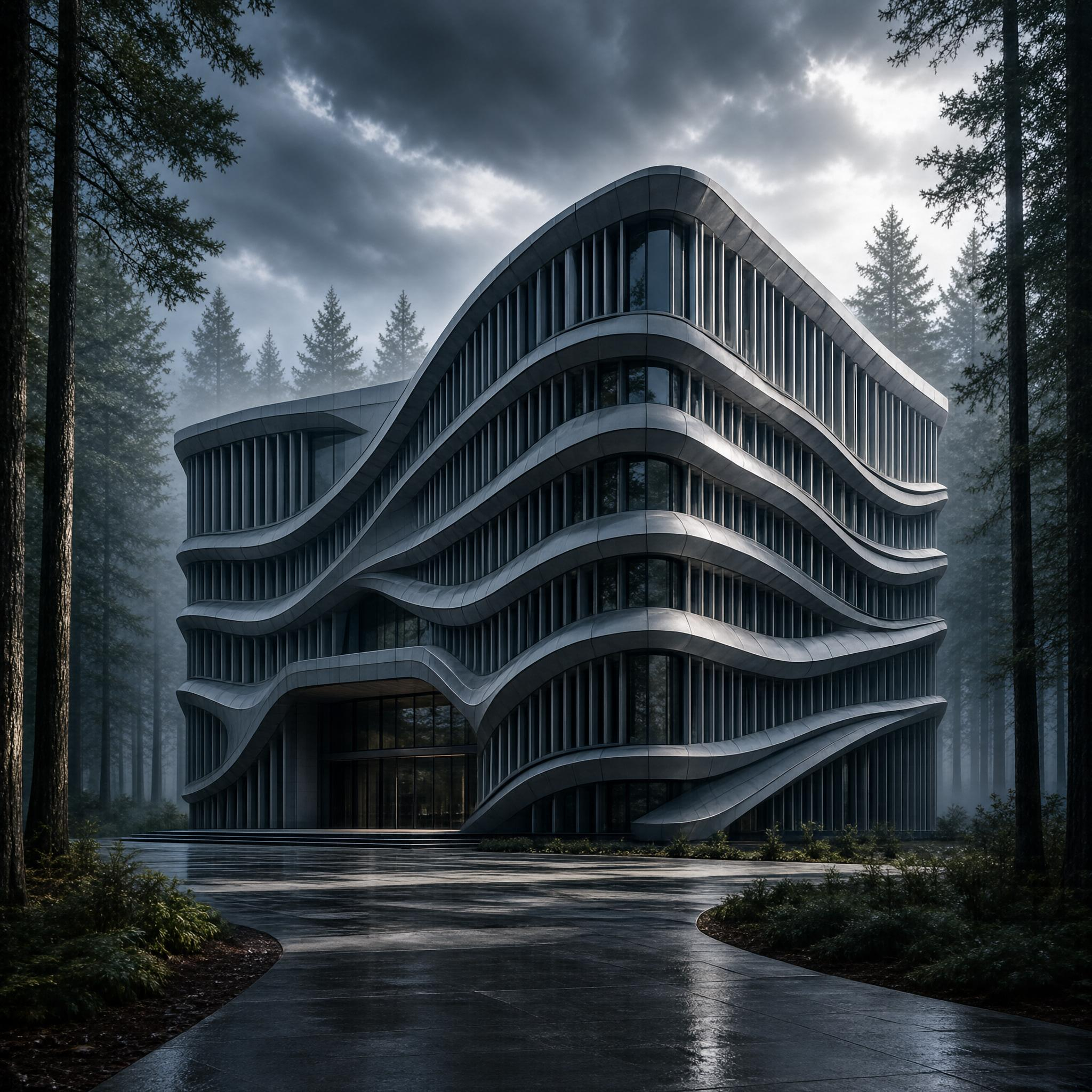 Modern Wave-Like Building in Forest