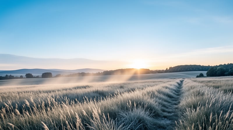 A vast grassy field stretches toward distant hills bathed in golden sunrise light with low mist drifting across the terrain