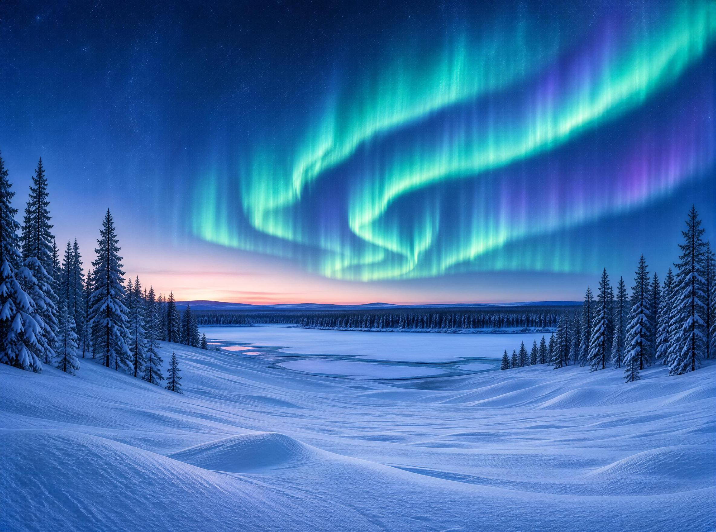 Snowy Landscape with Aurora Borealis