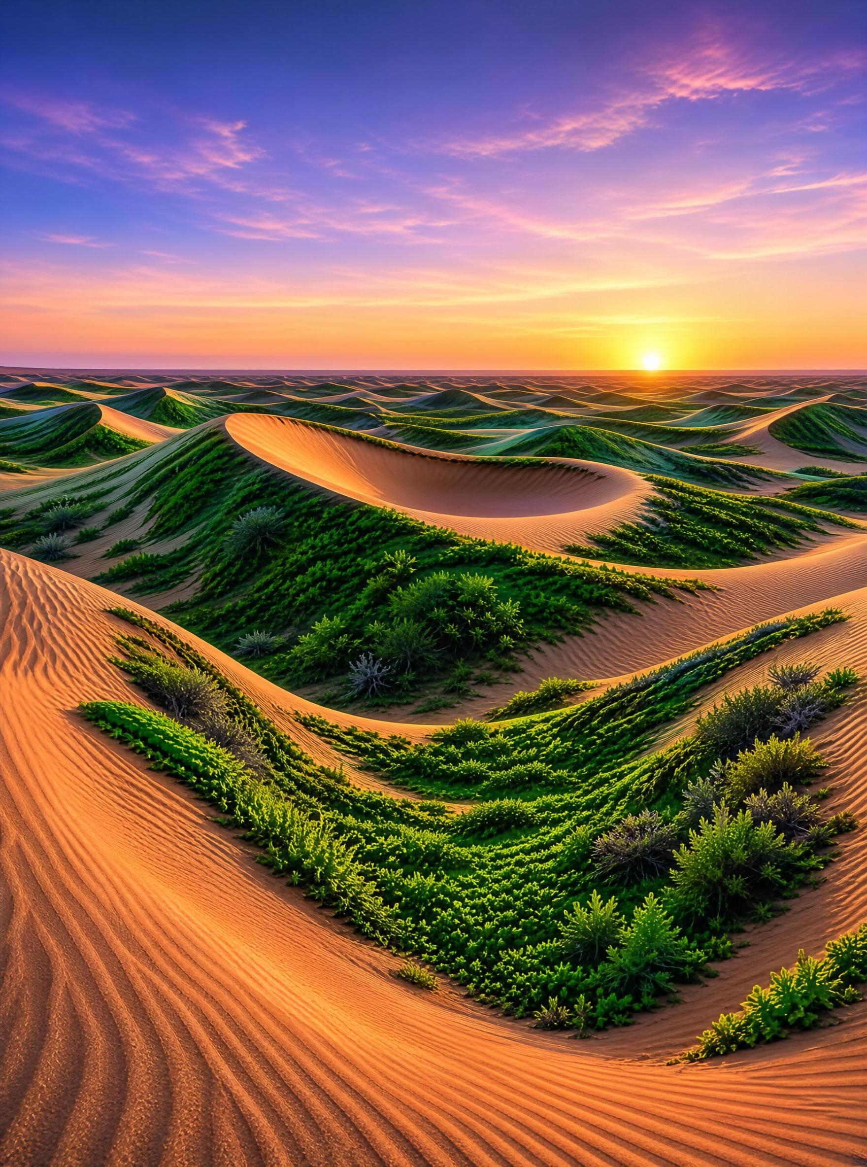 Green Desert Dunes at Sunset