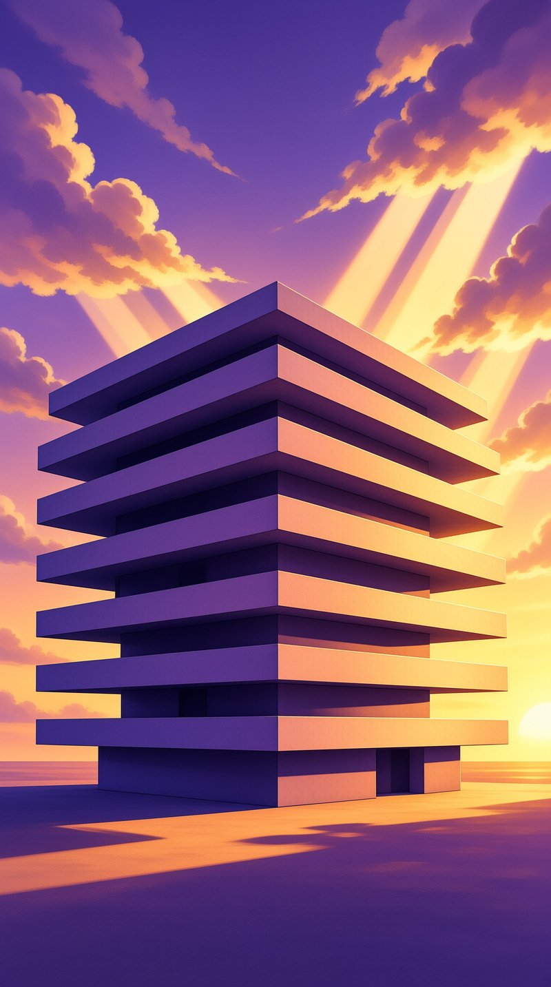 A minimalist rectangular building stands against a purple sky with bright orange sunbeams shining through clouds.