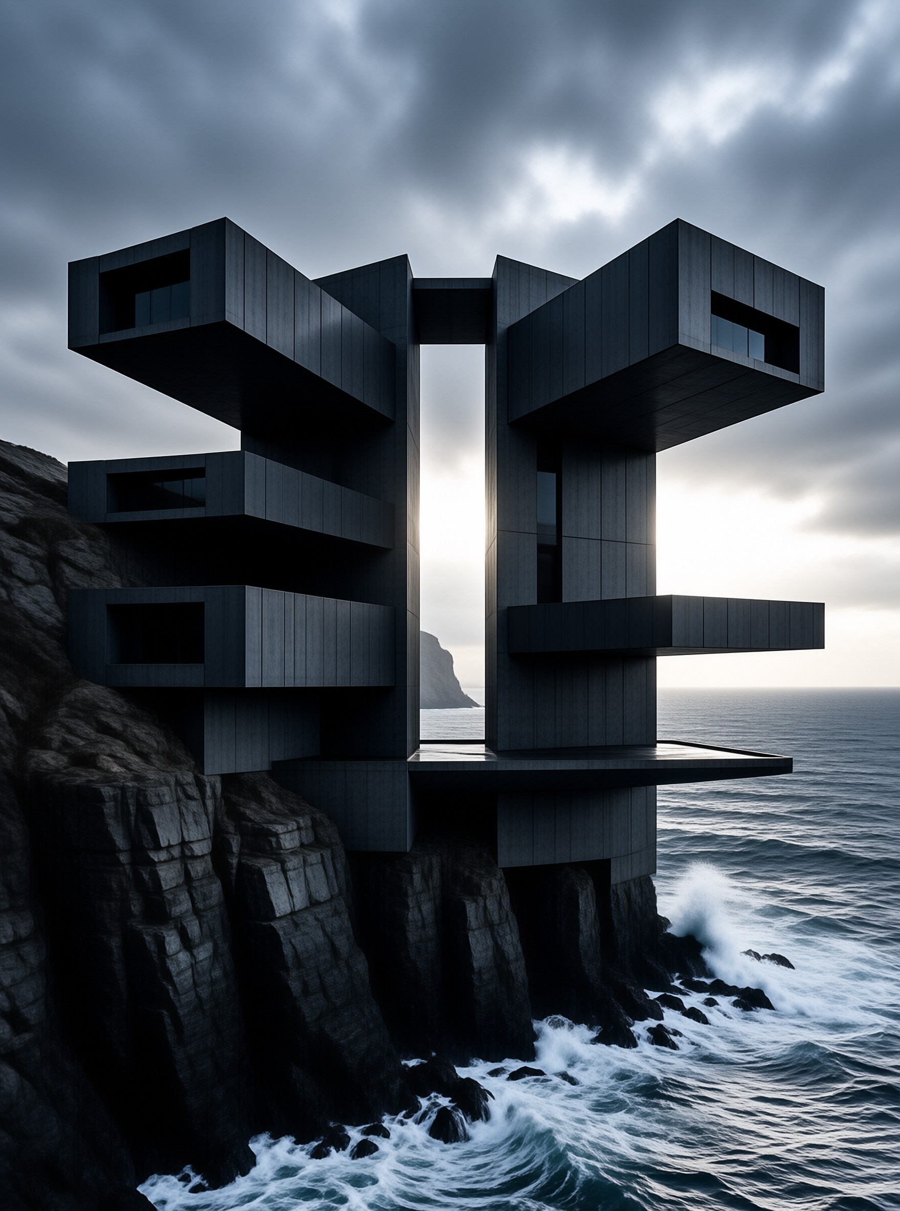 Angular concrete structure perched on a rugged coastal cliff with sea foam surging against the base and a cloudy sky above.