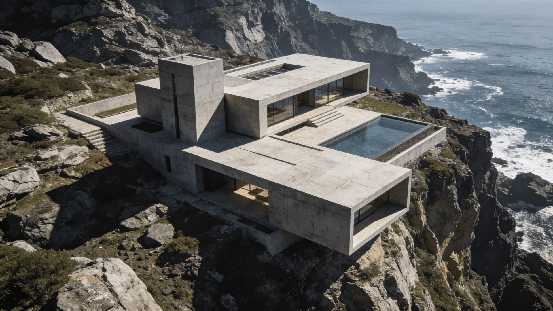Villa with Brutalist Massing — Coastal Cliff