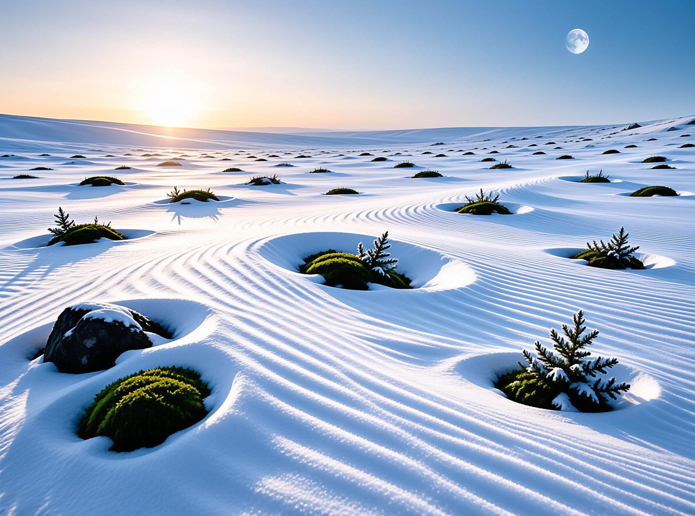 Frosty Meadow at Dawn and Moon