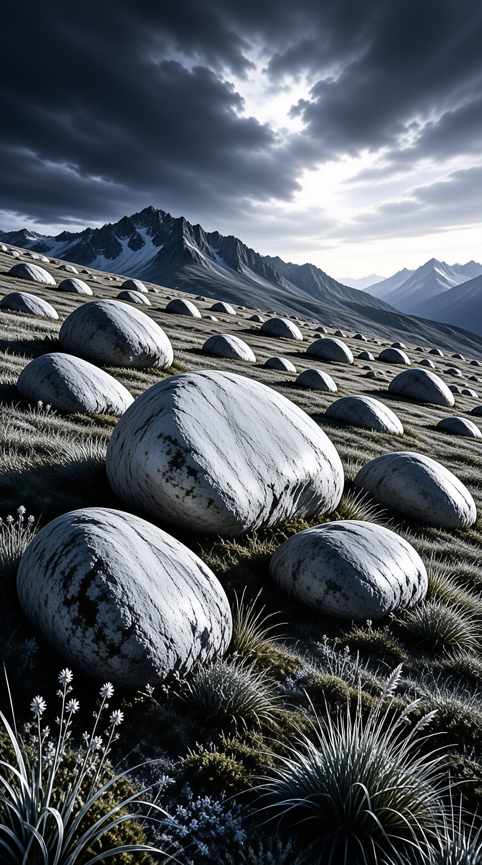 Multiple large rounded stones resembling eggs are scattered across a grassy hillside with mountains behind them.