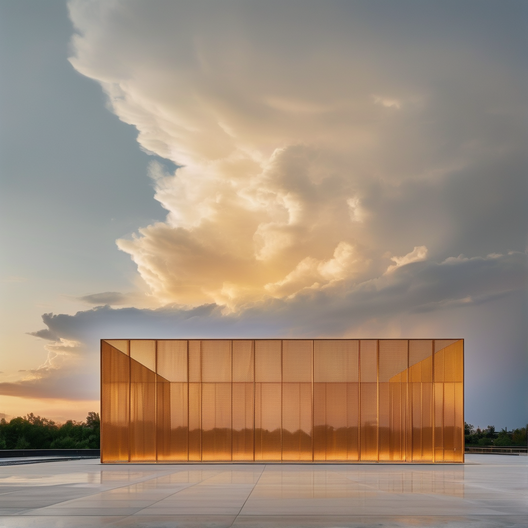 A low wide copper perforated architectural structure sits on a smooth wet plaza beneath dramatic orange sunset clouds.