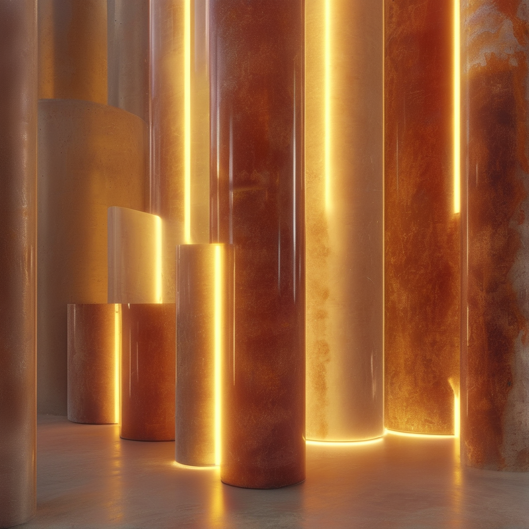 Rust textured cylindrical columns of varied sizes are set against a dark surface, lined with warm glowing yellow strip lights.